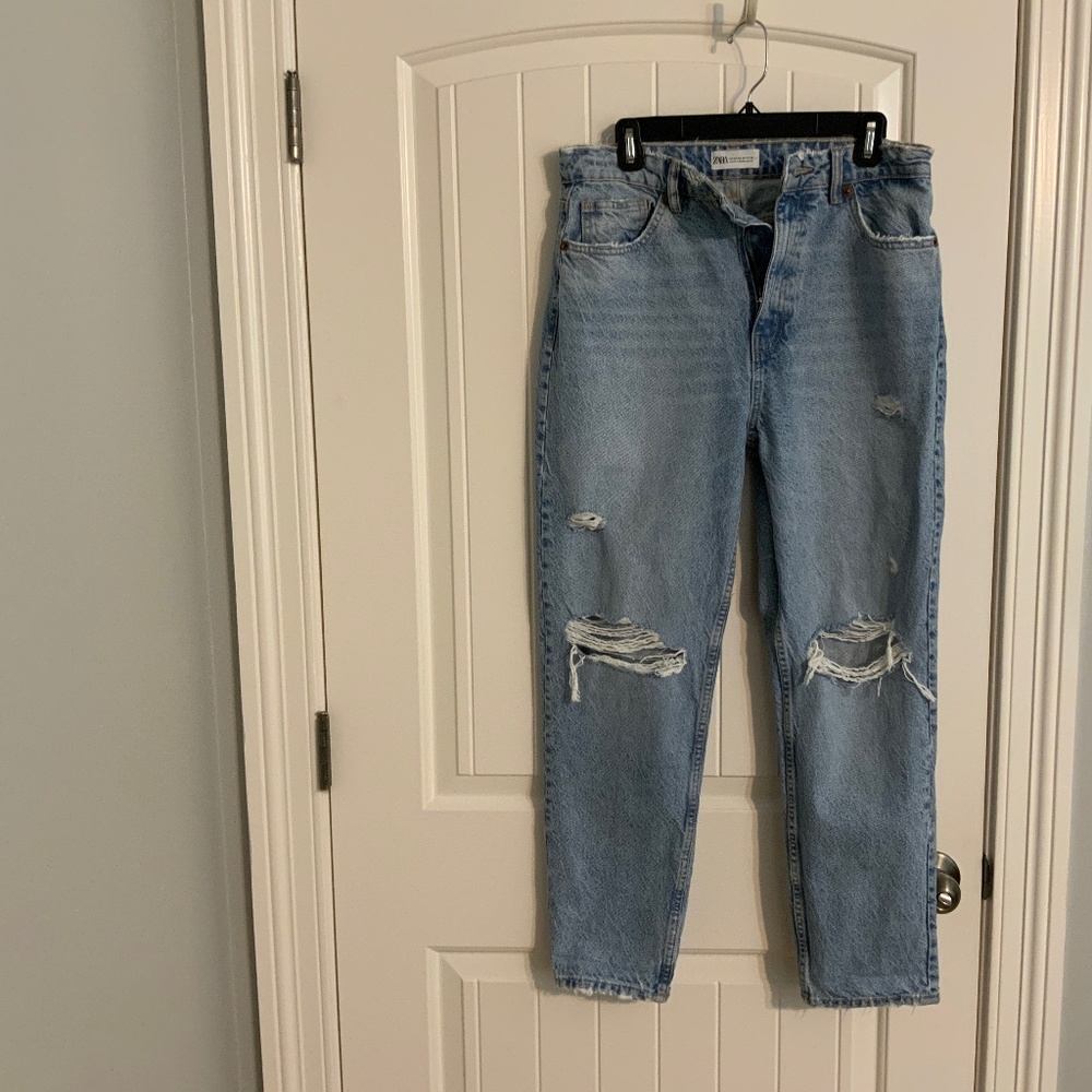 Zara high-rise straight leg distressed jeans
